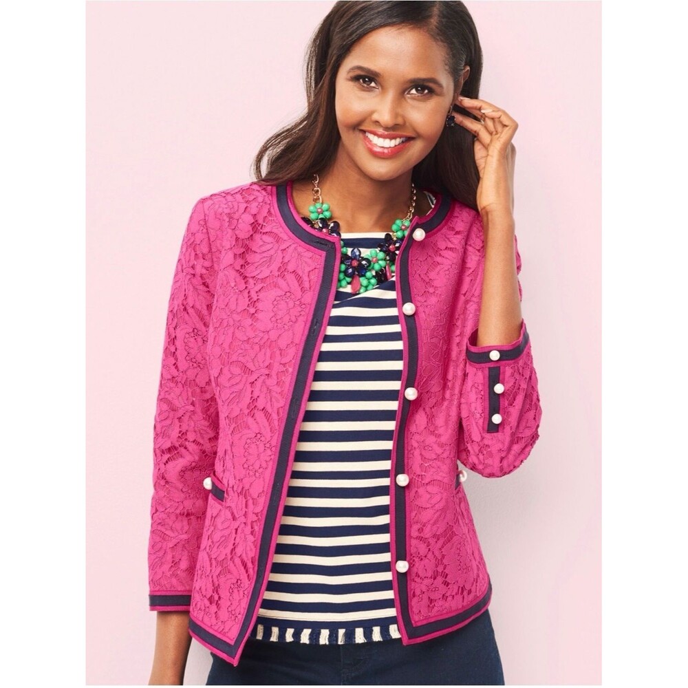 Talbots Flower-Filled Corded Lace Jacket size 16 Magenta Pink Pearl Buttons